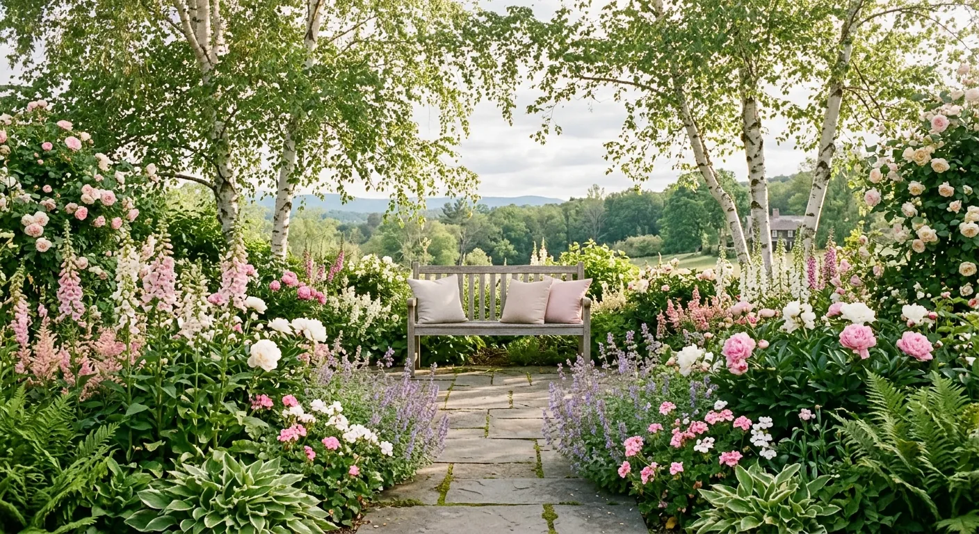 Layered perennial borders around a bluestone terrace