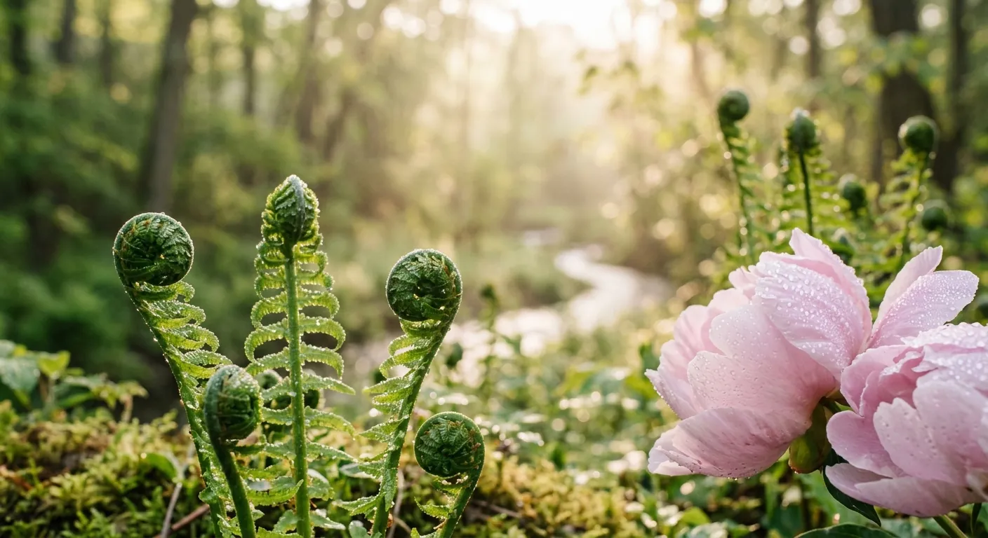Dew on fern fronds beside peony petals