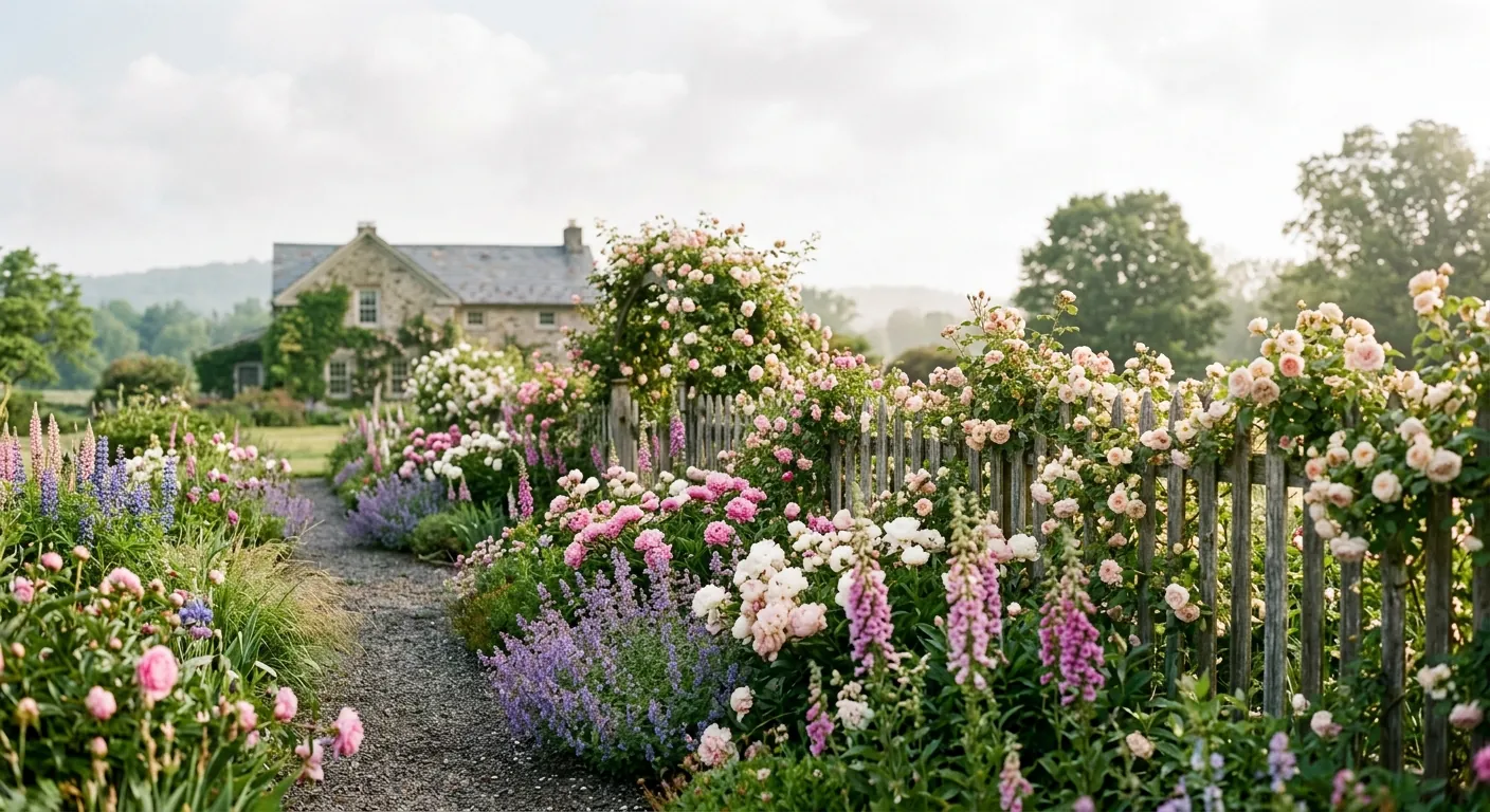 Cottage garden in full bloom with stone farmhouse
