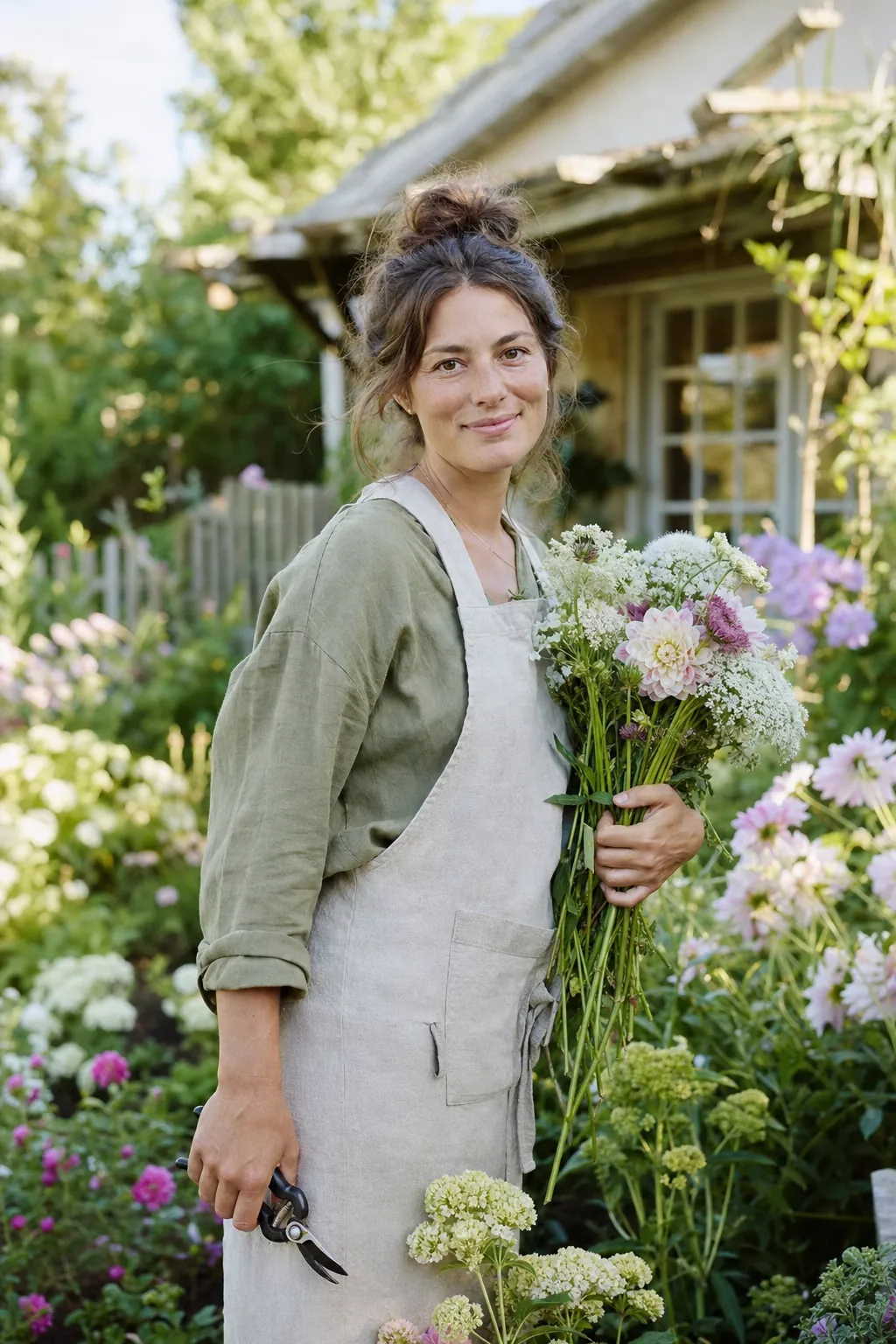 Willa Hart, founder of Fern and Field, holding cut garden flowers