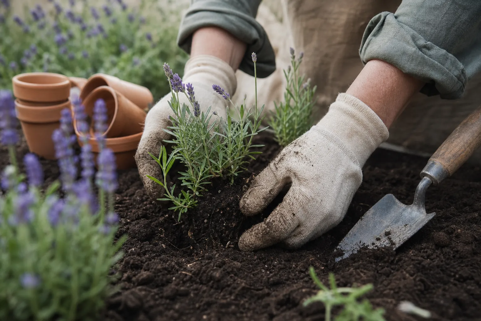 Hands planting a lavender seedling